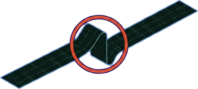One ribbon segment with a sharp kink and a vermilion ring clamped at that point
