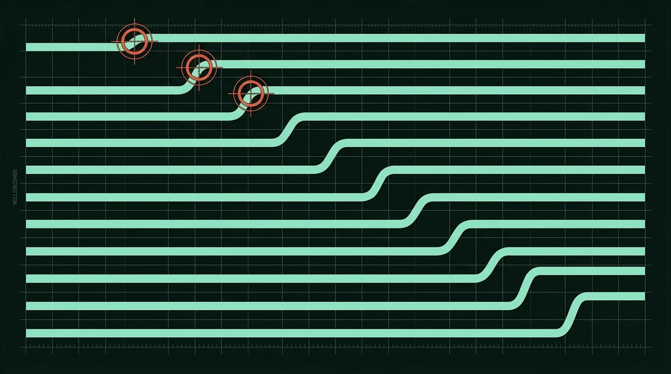 Twelve feed lanes seen from above, kinks forming a staircase, three rings left by earlier sessions